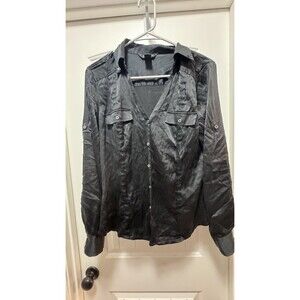 White House Black Market 100% Silk Blend Button Front Blouse Black Size 10
